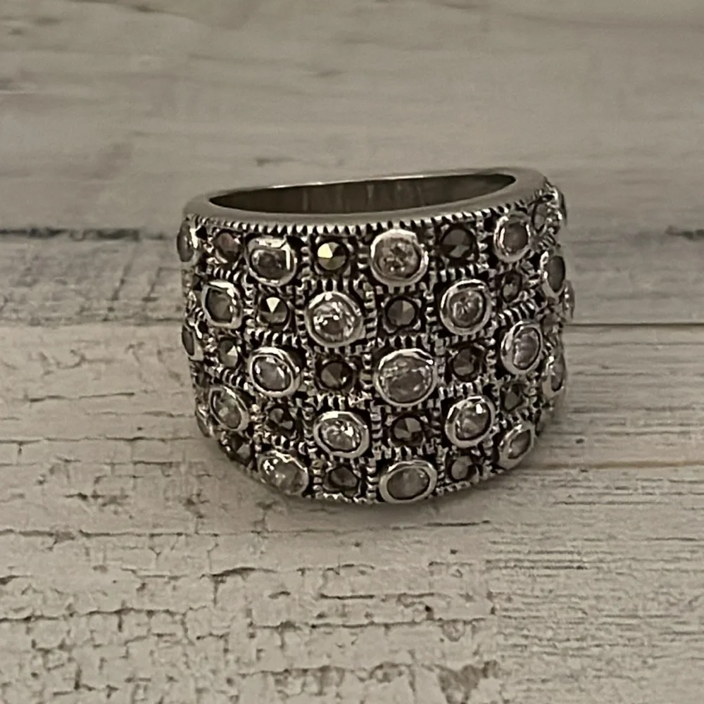 Sterling Silver Marcasite Crystal Wide Band Statement Ring